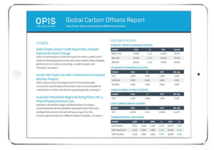 Tablet screen showing the OPIS Global Carbon Offsets Report